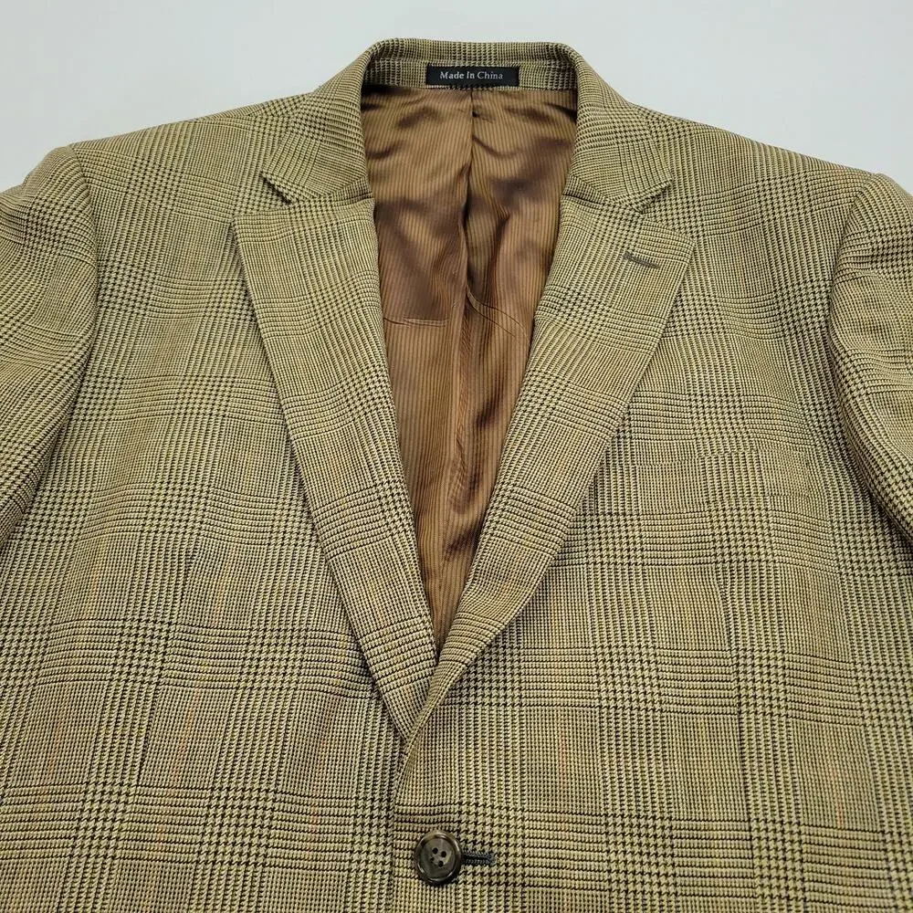 Pendleton Wool Silk Linen Blend Balzer 44R Plaid Brown Blue Tan 2 Button Vintage